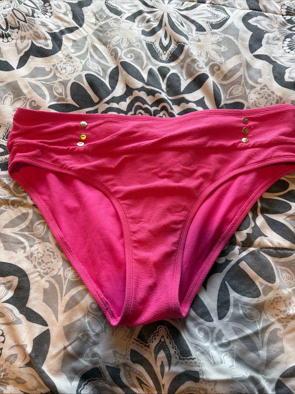 Time and Tru Bright Pink Bikini Bottom with Gold Accent Buttons